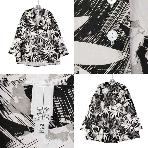 Wynne Layers Popover Shirt Tunic Plus Size 2X LS Shirt Top Blouse Tropical Black - Picture 1 of 12